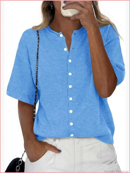 Sweaters - Short Sleeve Button Front Cardigan Lightweight Crew Neck Knit Sweater Top